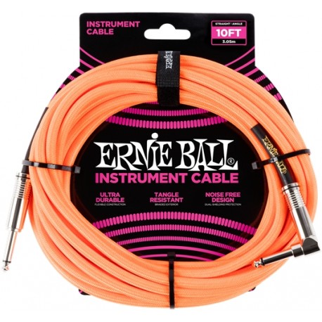 Câble Instrument Jack Coudé / Jack 3m - orange neon tissu - Ernie Ball