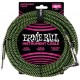 Câble Instrument Jack Coudé / Jack 6m - noir vert tissu - Ernie Ball