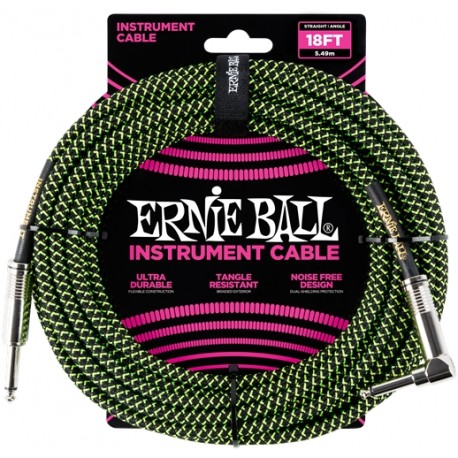 Câble Instrument Jack Coudé / Jack 6m - noir vert tissu - Ernie Ball